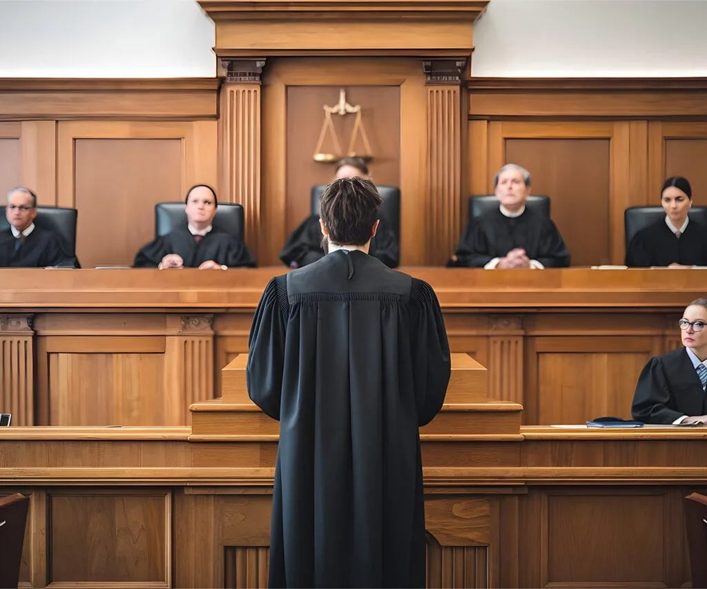 A barrister addressing a panel of judges in a courtroom